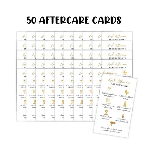 Lash Extension Aftercare Instructions Cards | 50 Pack | Size 3.5x2" inches After Care (2-3 Week Fillers) | White with Gold Icons Design