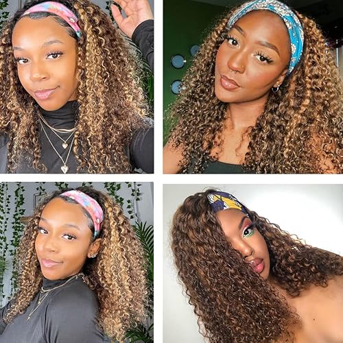 32 Inch P427 Blonde Headband Wig Human Hair 150% Density Grade 8A Unprocessed Brazilian Virgin Hairs Machine Made Highlight Brown Water Wave Headband Wig Human Hair None Lace Front Wig