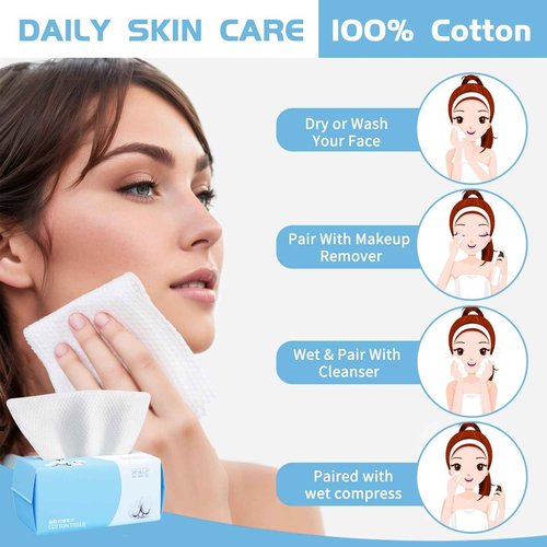 Cotton Facial Dry Wipes 100 Count, Deeply Cleansing Disposable Face Towel Wash Cloth, Multi-Purpose for Skin Care, Make-up Wipes, Face Wipes and Facial Cleansing (6 Pack)