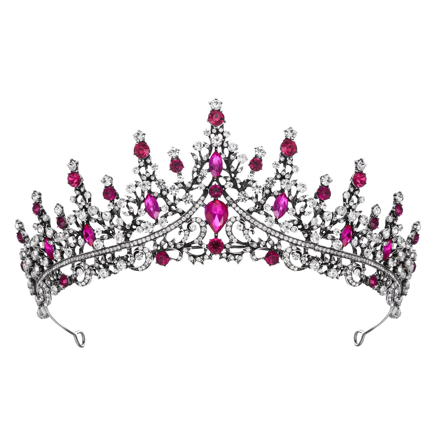 SWEETV Crystal Tiara Crown for Women, Royal Queen Crown Headband, Hot Pink Rhinestone Princess Hair Accessories, Antique Silver Metal Headware for Prom Birthday Halloween