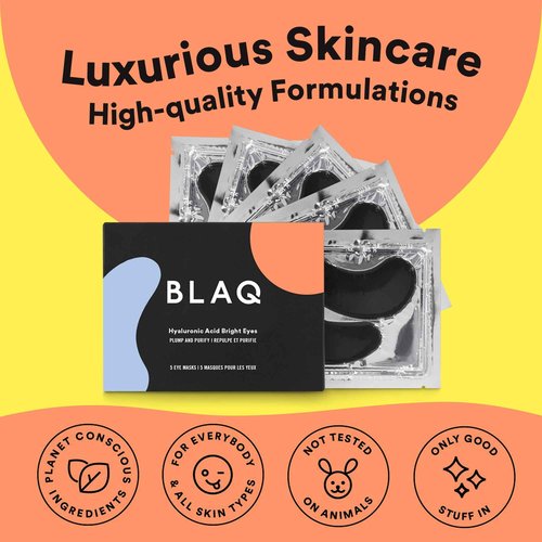 BLAQ Award Winning Eye Patches for under eye Dark Circles, Wrinkles and Puffiness. Hydrating and Cooling with detoxifying Charcoal, Dermatologically Tested, Vegan, Hyaluronic Acid, 5-Pairs
