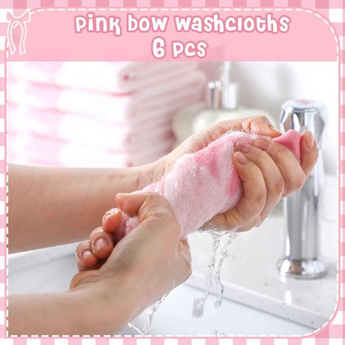 SmoothNovelty 6 Pcs Pink Bow Washcloths 100% Cotton Wash Cloths 13" x 13" Coquette Small Face Towels Absorbent Soft Hand Bath Towels for Bathroom, Spa, Kitchen Drying Cleaning (Classic Style)