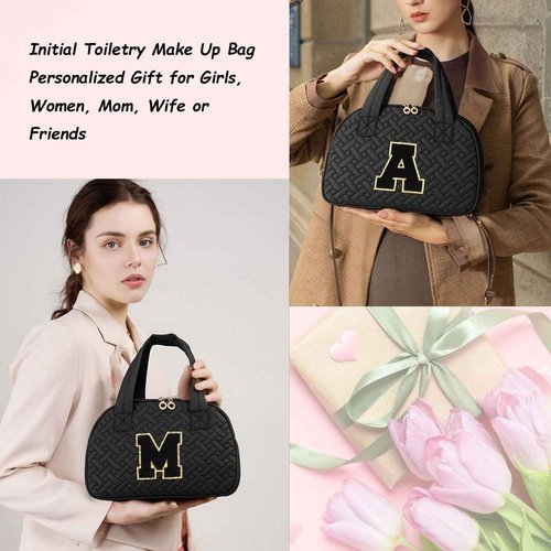 LYFFXYH Initial Travel Toiletry Bag, Personalized Cosmetic Bags Birthday Gifts for Women, Makeup Bag Organizer with Handle, Travel Bag for Toiletries with Brush Holder (A, Black)