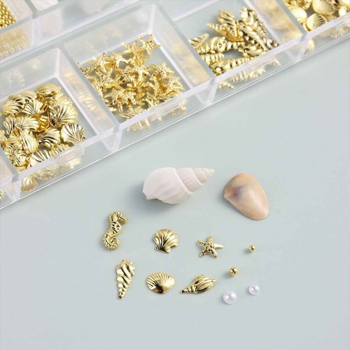 SUTOKAKA 3D Metal Studs Nail Art Charms Mixed Style Gold Shell Seahorse Starfish Pearl Metallic Nail Rivets Beads with Tweezer for Summer Ocean Beach Seaside DIY Manicure Decorations