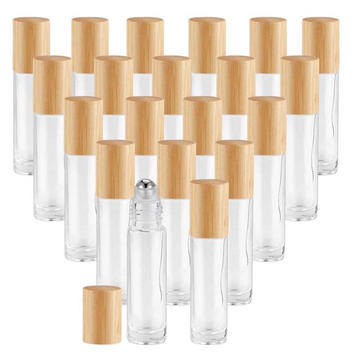 Mirrline 20 Pcs 10ml/0.34oz Roll On Bottles Clear Glass Essential Oil Roller Bottle Refillable Perfume Sample Bottles with Bamboo Lids & Stainless Steel Roller Ball -1 X Opener & 2 X Pipettes