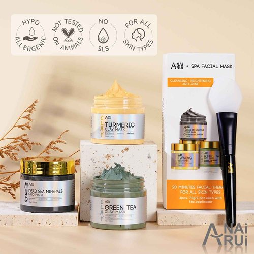 ANAI RUI Christmas Face Mask Gift Set, Turmeric Clay Mask - Green Tea Mask - Dead Sea Minerals Mud Mask, Bulk Christmas Gifts for Women/Tees Girls Stocking Stuffers2.5 oz each