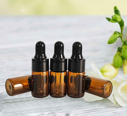 PYAWI 50Pcs Amber Glass Mini Dropper Bottle 1/3ml Amber Essential Oil Bottles Vials Travel Cosmetic Sample Container Liquid Perfume Eye Droppers Bottle (3ml)