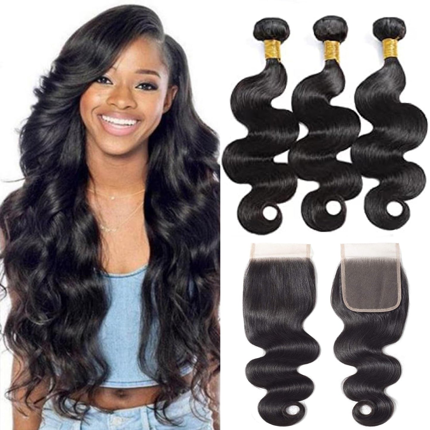 Selina Brazilian Body Wave Hair 3 Bundles With Free Part Closure Brazilian Virgin Human Hair 12A 100% Unprocessed Brazilian Hair Lace Closure Natural Black (16"18" 20"with 14" Closure, Body 3+1)