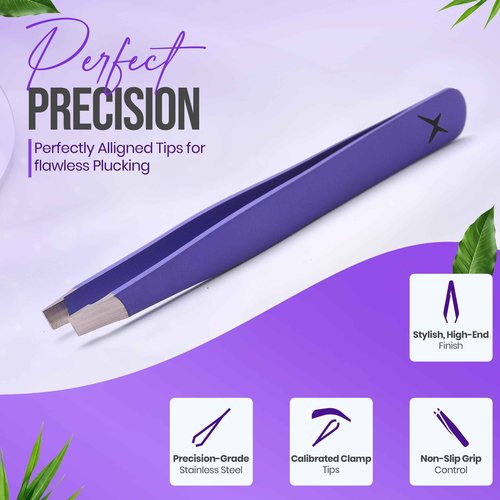 Slanted Stainless Steel Tweezers for Men & Women - Precision Eyebrow Tweezers for Facial Hairs, Strong Grip, Fine Tip, Professional Tweezer for Plucking & Grooming (Purple)