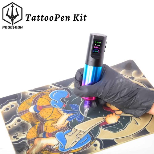 Tattoo kit POSEIDON, Tattoo Pen Kit with 20 PCS Tattoo Cartridge Machine, Tattoo Pen with 1800mAh Capacity Wireless Power, Tattoo Gun kit with Japan Coreless Motor Digital Display for Tattoo Equipment