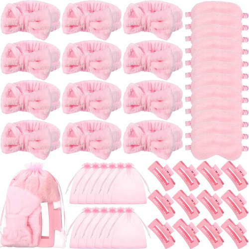 Wavyknot 48 Pcs Spa Party Supplies Sleep over Essentials 12 Pink Spa Headband 12 Pink Plush Sleep Eye Mask 12 Claw Clips 12 Organza Bags for Slumber Party Christmas Gift
