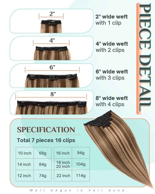 Benehair Clip in Hair Extensions Real Human Hair 14inch Double Weft Medium Brown Mixed Dark Blonde Hair Extensions Clip in Human Hair Lace Weft Straight Hair Extensions Clip ins 7pcs 100g #4P27