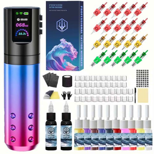 Tattoo kit POSEIDON, Tattoo Pen Kit with 20 PCS Tattoo Cartridge Machine, Tattoo Pen with 1800mAh Capacity Wireless Power, Tattoo Gun kit with Japan Coreless Motor Digital Display for Tattoo Equipment