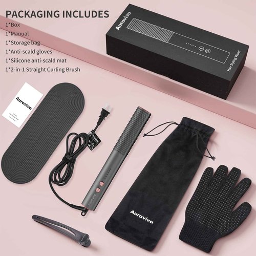 Hair Straightener Brush, Hair Straightener Comb with 5 Temp Settings, Dual Voltage, Anti-Scald, 20s Fast Heating, Ceramic Hot Comb Straightener Straightening Brush for Women, Grey