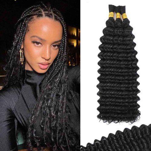Human Braiding Hair for Boho Braids Deep Wave Bulk Human Hair 120g 14 Inch 12A Knotless Boho Braiding Curly 100% Virgin No Weft Extensions Bohemian Braids 3 Bundles/Pack Natural Color