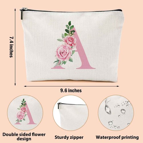 Pink Monogram Makeup Bag, Initial A, Cosmetic Bag Personalized Travel Organizer Bags Makeup Pouch, Monogrammed Gifts for Women Girls Friend Sisters Daughter Bridesmaid Wedding Bridal Shower Gifts
