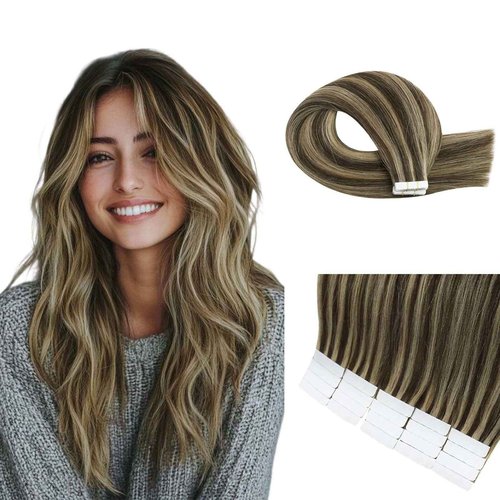 GEELOOK Tape in Hair Extensions Human Hair 20 inch Skin Weft Tape in Straight Thick Natural Hair Extensions with 12 Pieces Replacement Tape 20pcs 50g Chocolate Brown/Light Blonde #4/27