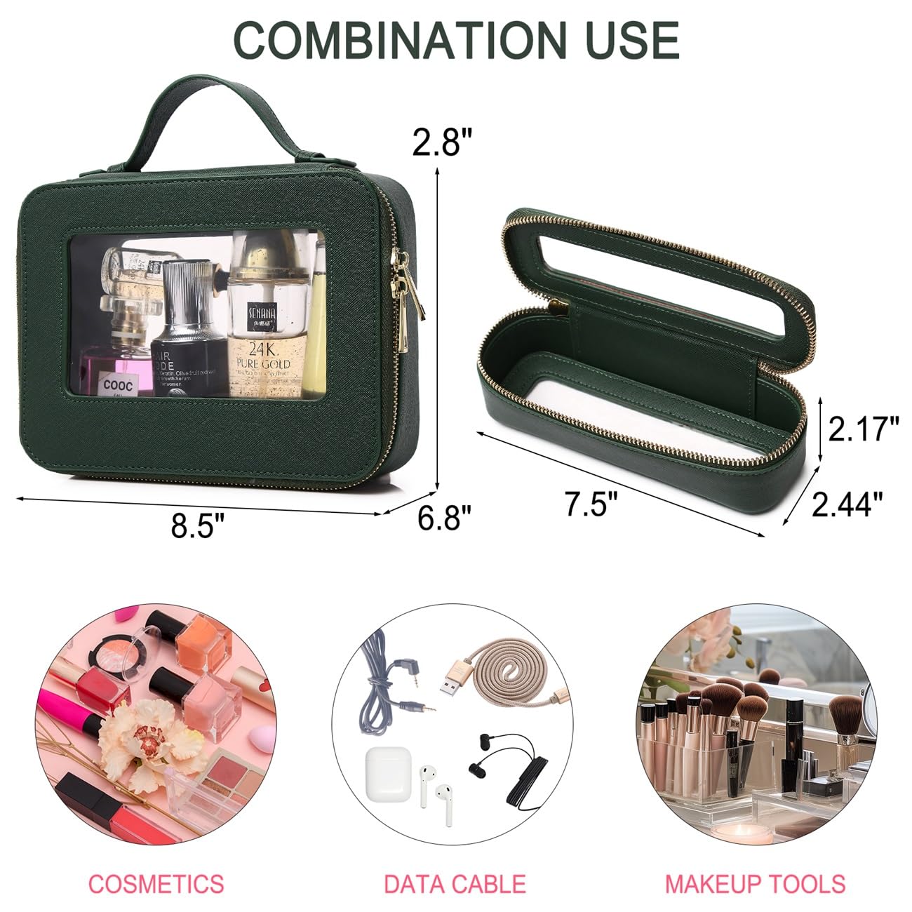 Pinkmik Clear Makeup Bag Portable Brush Bag transparent Travel Cosmetic Case Clear Toiletry Makeup Bag with Zipper for Women (B/Green, slim)