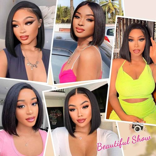 Smabuity Bob Wigs Human Hair 13x4 HD Lace Front Bob Wig Human Hair Short Straight Frontal Glueless Wigs for Black Women Pre Plucked with Baby Wig Side Part 180 Density 12 Inch D