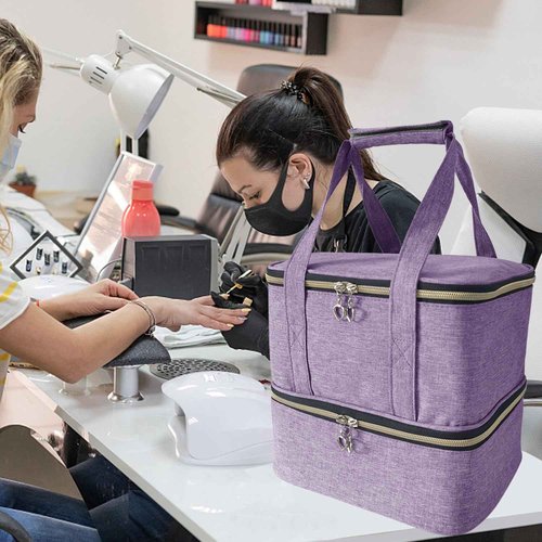 VVWAYSE Nail Polish Organizer and Nail Lamp Case, Nail Kit Organizer Holds 30 Bottles and Nail Lamp, Updated-slots, Weight Capacity with Handle, Heart Shaped Two-way Zipper (Purple)