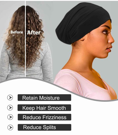 Sleep Cap Bonnet for Sleeping Black Women, Adjustable Cooling Ice Silk Lined Bonnet for Curly Braids Hair Cover Stay on All Night Cap Beanie Hat Black