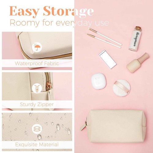 Dunzy 8 Pcs Makeup Bag Pu Leather Cosmetic Pouch Waterproof Small Toiletry Bag Portable Cosmetic Organizer Water Resistant Storage Purse for Lady Women Daily Storage Travel Organizer (Beige,Medium)