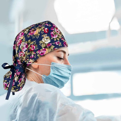 Scrub Caps Women with Buttons Nurse Hat Scrub Cap Ponytail Nursing Hats Long Hair Working Cap with Buttons and Ribbon Tie Halloween Chemo Hats Cancer Headwear Head Scarfs