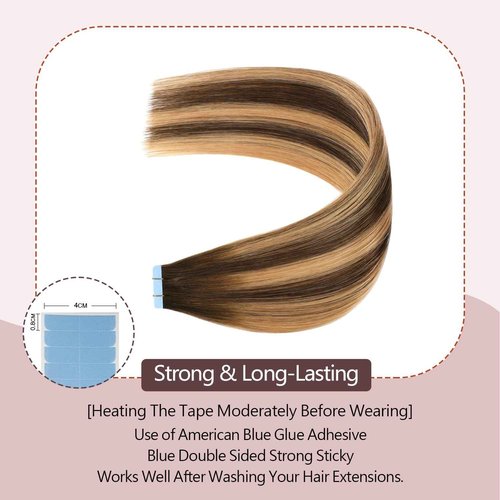 Sunya Tape in Hair Extensions Human Hair Balayage Chocolate Brown to Caramel Blonde 16 Inch 40g/pack 20pcs Straight Seamless Skin Weft #P4/27/T4 Tape in Hair Extensions