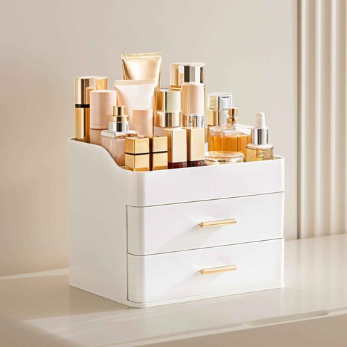 HBlife Makeup Organizer for Vanity with 2 Drawers, Large Bathroom Countertop Cosmetics Organizer Skin Care Storage, Easy to Store Lipsticks, Nail Polishes, Perfumes, Eyeshadow Palettes, All White