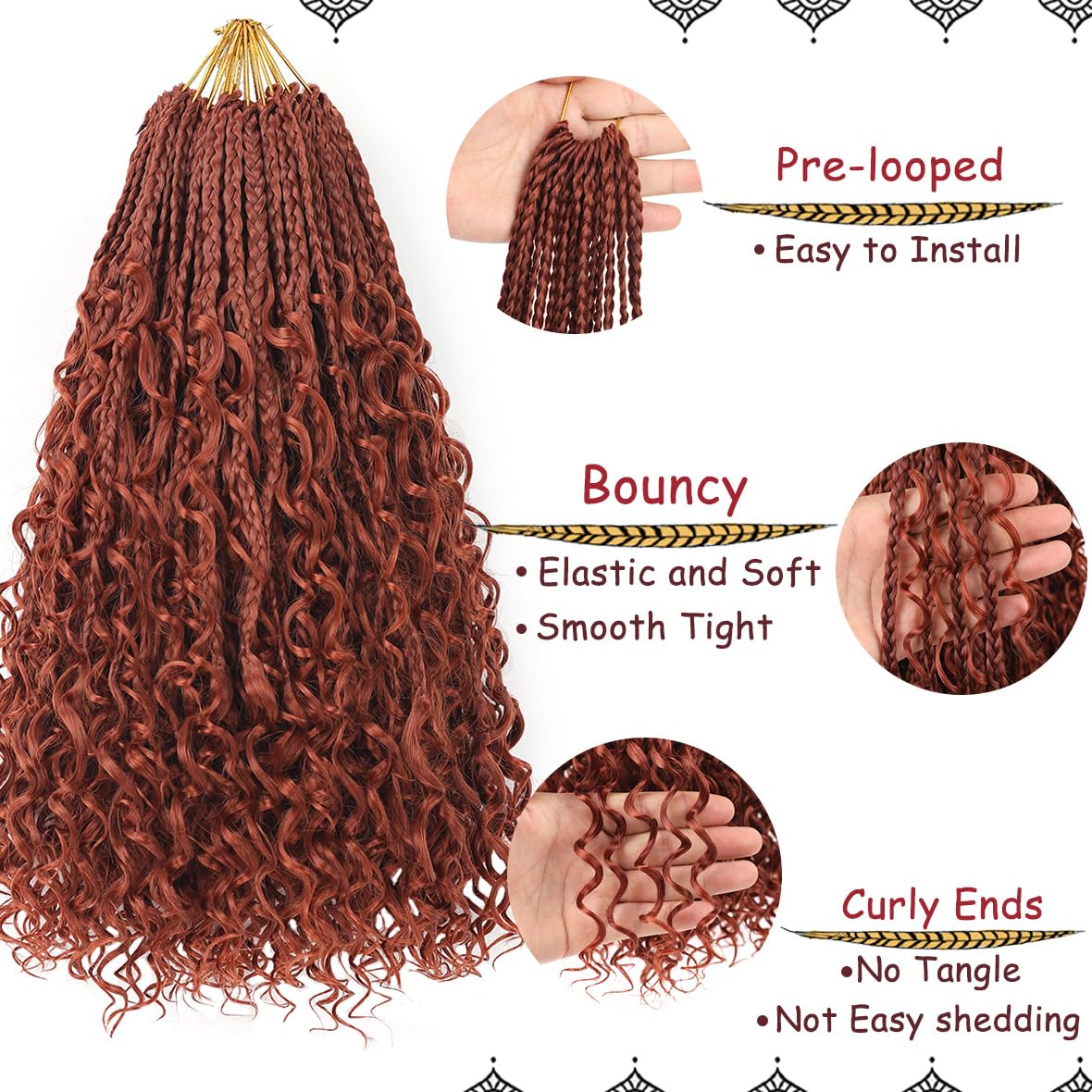 Beverlee 14 Inch Boho Box Braids 8 Packs Goddess Box Braids Crochet Hair Bohemian Hippie Braids Braiding Hair Box Braids with Curly Ends Messy Pre-looped Synthetic Crochet Hair for Women 128 Strands