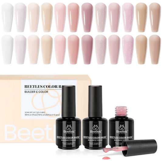 Beetles Builder Gel Nail Polish 12 Colors Nude Gel Polish 3 in 1, Porcelain Doll Pink Nail Polish Sheer Color Rubber Base Strengthener Soak Off U V Nail Art DIY Gift for Women