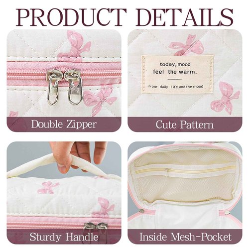 AMZMA Makeup Bag, 3 PCS Quilted Makeup Bag, Cute Floral Cotton Cosmetic Bag set, Coquette Makeup Pouch Large Travel Toiletry Bag