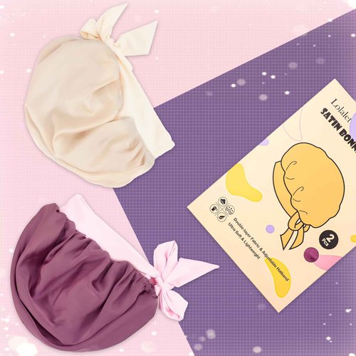 Lolalet 2 PCS Kids Bonnets for Girls, Reversible Silk Bonnet for Sleeping Satin Bonnet Cap with Wide Elastic Band -Violet & Champagne