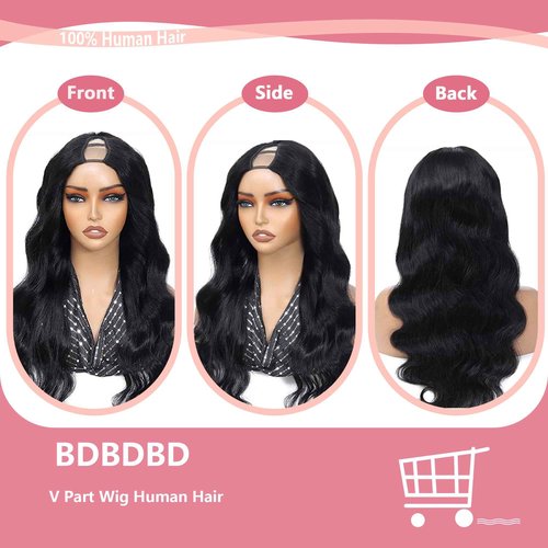 BDBDBD V Part Wig Human Hair Body Wave 100% Real Human Hair Upgrade U Part Human Hair Wig 180% Density Beginner Friendly Natural Color (12 inch)