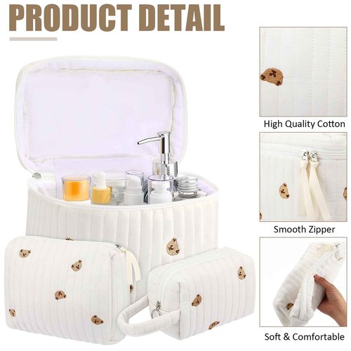 Paterr 3 Pieces Cotton Quilted Makeup Bag Set Coquette Cosmetic Bag Aesthetic Travel Toiletry pouch Cute Pouch Kawaii Aesthetic for Women(White,Little Bear)