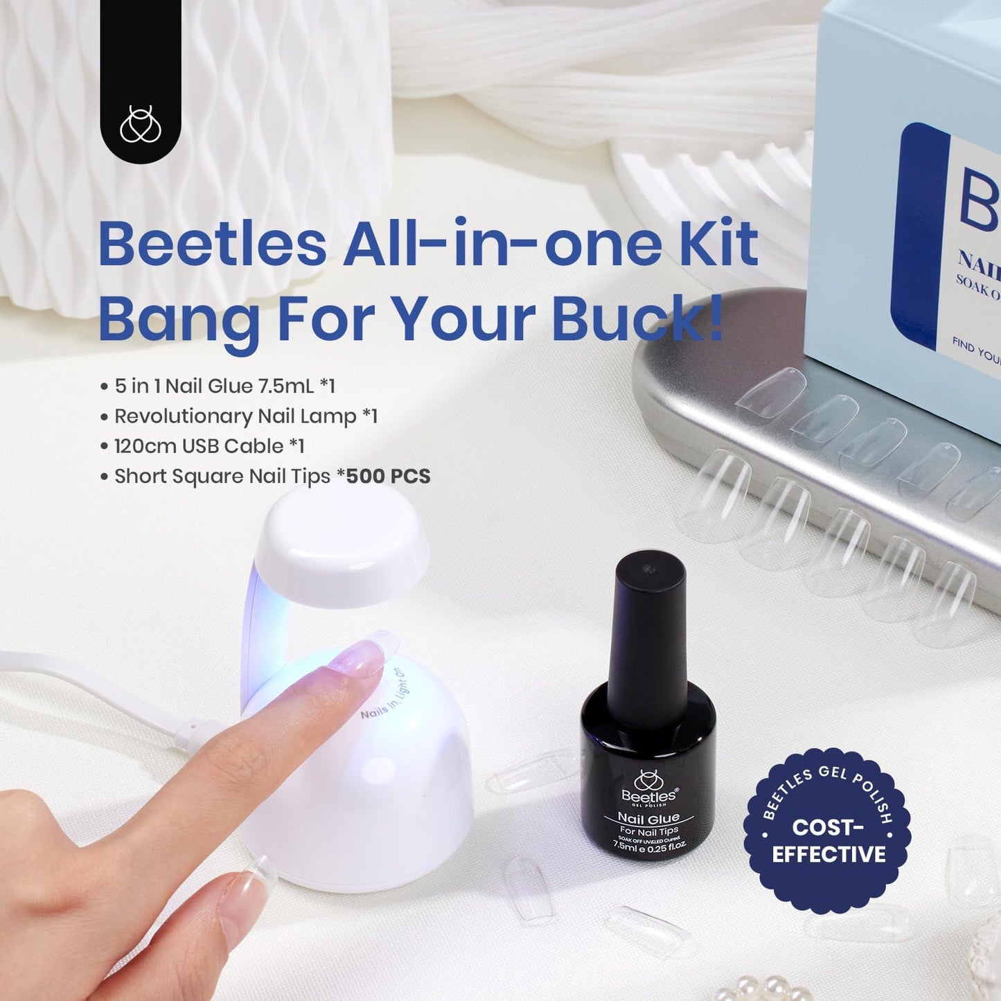 Beetles Gel Nail Kit Easy Nail Extension Set 500Pcs Pre shaped Short Square False Nail Tips with 5 in 1 Mutipurpose Glue Gel Base Uv Led Nail Lamp for Nail Art Diy Home