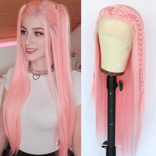 Oxeely Light Pink Synthetic Lace Front Wigs Long Straight Hair Pink Lace Wigs Natural Hairline Pre Plucked Glueless Synthetic Lace Wigs Heat Resistant Fiber Hair Light Pink Wigs for Women Daily Wear