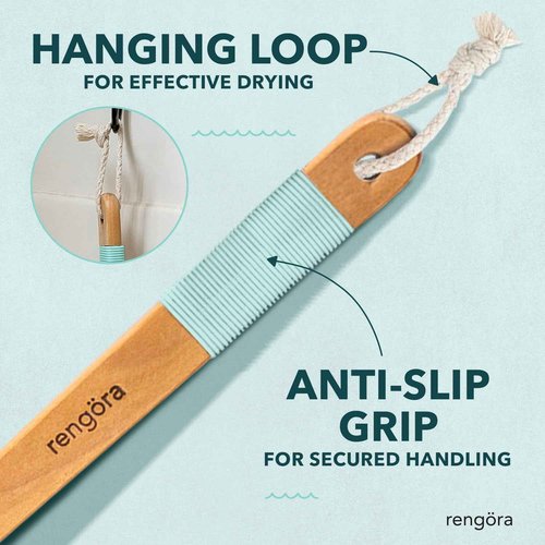 Long Handled Back Scrubber for Shower 18"" Handle Boar Bristle Back Brush – Wooden Bath Brush, Back Scrubbing Brush, Shower Brush, Body Scrub Brush, Bath Brush Long Handle for Shower by rengöra