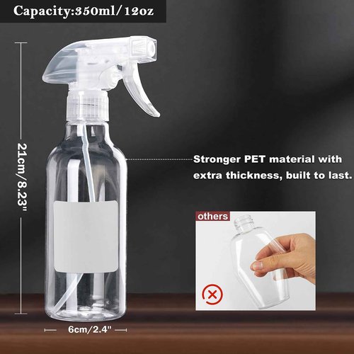 Hethyo Plastic Spray Bottles 12oz 2 Pack Adjustable Mist/Stream Spraying Heavy Duty Square Water Spray Bottles for Hair, Cleaning Solutions, Plants，Essential Oils (Clear)