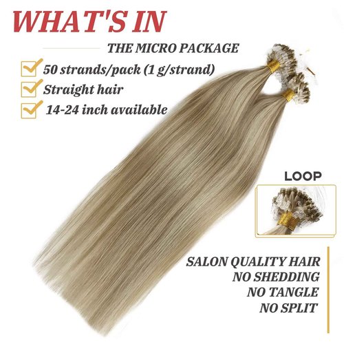 Real Human Hair Microbead Extensions 20 Inch Micro Ring Color #18 Ash Blonde With #60 Platinum Blonde Highlights 50g/50s Remy Straight