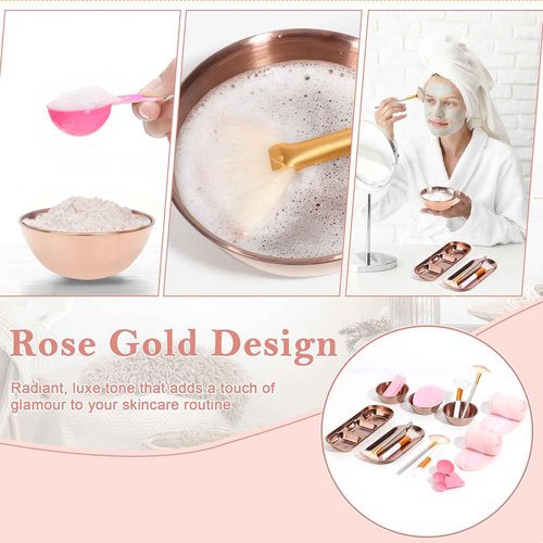 28 Rose Gold Facial Supplies 3 Facial Mask Mixing Bowls 3 Facial Fan Brushes 3 Mask Applicator Brushes 3 Mask Measuring Spoons Skincare Tray 3-Compartment Tray 12 Facial Sponges 2 Spa Headbands