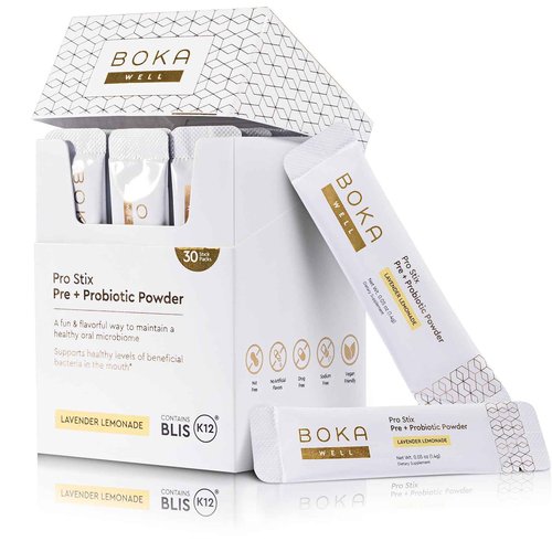 Boka Pro Stix Oral Probiotics for Mouth Bad Breath - 30ct Dental Probiotics Powder, Oral Health Pre + Probiotics for Teeth and Gums, BLIS K12 Oral Probiotic for Healthy Gum Health, Lemonade Lavender