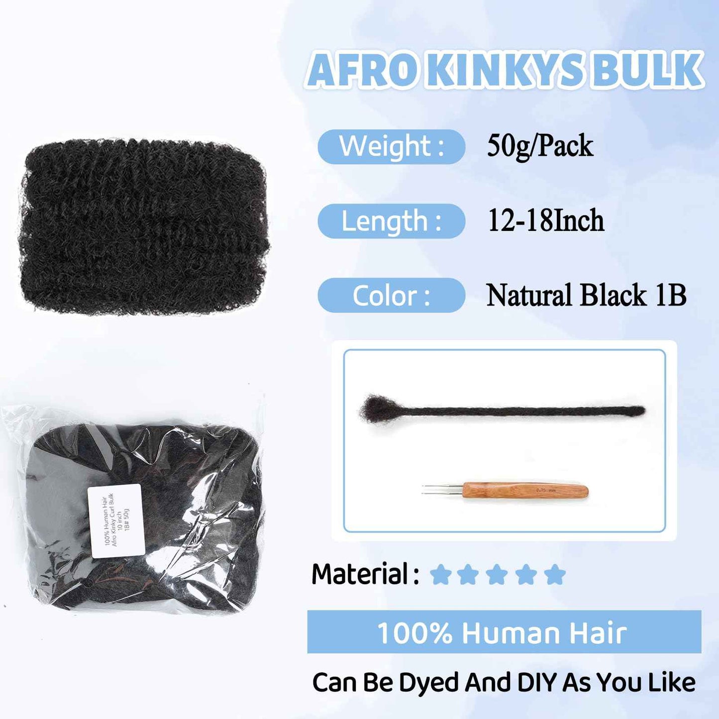 Afro Kinkys Bulk 100% Human Hair For Dreadlock Extensions Afro Kinky Curly Human Braiding Hair For Repair Crochet Dreads Loc Twist Braids (#1B, 18Inch-50Gram)