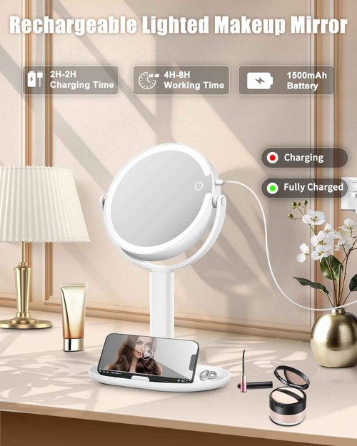 15X Magnifying Makeup Mirror with Lights, Double Sided 360° Rotation Vanity Desk Mirror with Magnification Rechargeable 3 Color Lights and Adjustable Brightness Stand for Dressing Table,Bedroom