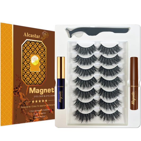 Alcastar Eyelashes Magnetic Lashes Natural,Magnetic Eyelashes and Eyeliner Kit,Reusable,Long Lasting, Easy Apply,Cruelty-Free.（1 black+1brown)