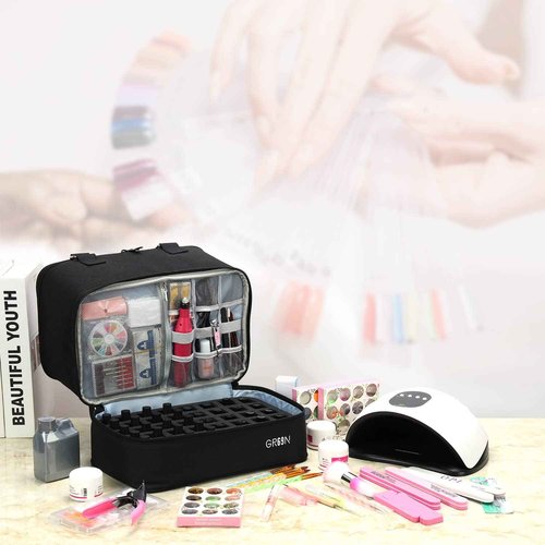 GR69N Nail Polish Organizer Bag,Double Layer Nail Polish Storage Fits a Nail Lamp and 40 Bottles,Great Size Nail Storage Organizer For Nail Drill,Nail Supplies Set (Bag Only)-Black