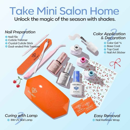 modelones Gel Nail Polish Kit with U V Light, Pearl White Glitter Baby Blue Light Pink Sky Blue Manicure Set with Cherry Stickers, Base Top Coat, 4 Colors Gel Mini Salon Starter Winter Christmas Gift