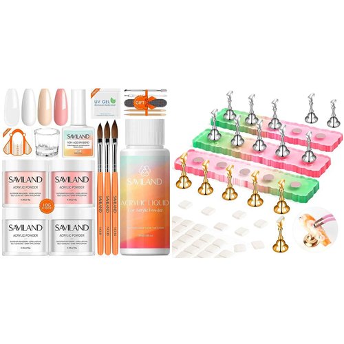 SAVILAND Acrylic Nail Kit with Primer x Nail Stand - Clear White Pink Nudes Acrylic Powder Liquid Set 10ml Acid-free Primer Acrylic Overlay Nail Set