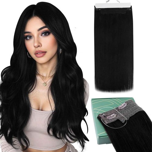 Ugeat Black Wire Hair Extensions Real Human Hair Jet Black Invisible Wire Hair Extensions 12 Inch Short with Adjustable Transparent Headband Hair Piece Remy Softness No Damage 70g