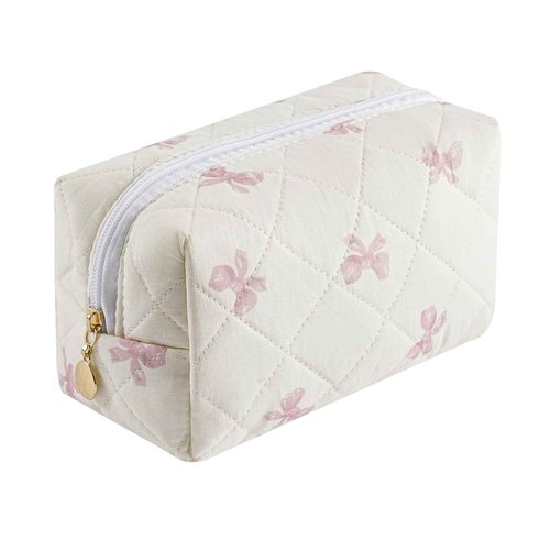 HHQQWZ Cute Floral Cotton Makeup Bag, Quilted Makeup Bag for Women Girls, Travel Floral Cosmetic Bag Zipper Make Up Pouch, Flowers Toiletry Organizer Bag (Small Red Bowknot)